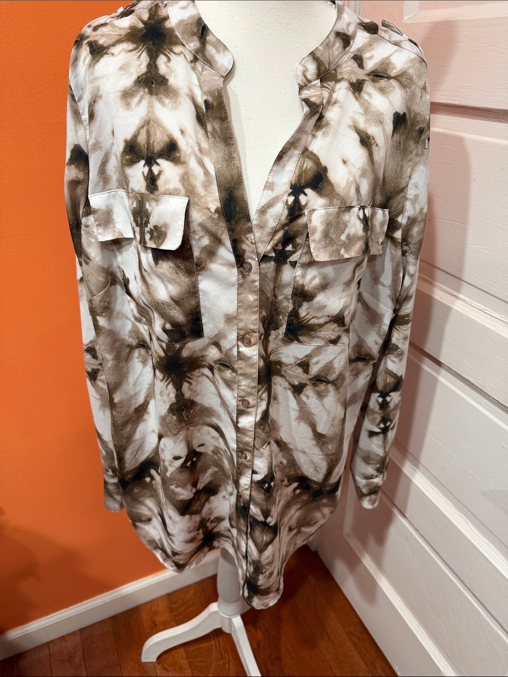 Calvin Klein Brown & White Marble-Print Lightweight Shirt Jacket